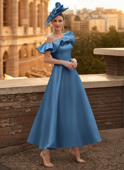 A-Line Asymmetrical Sleeveless Ankle-Length Satin Mother Of The Bride Dresses With Ruffle