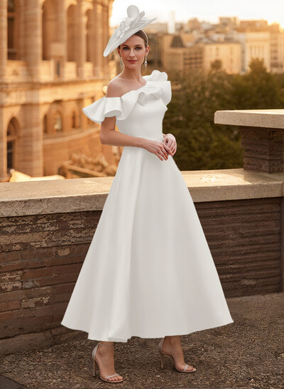 A-Line Asymmetrical Sleeveless Ankle-Length Satin Mother Of The Bride Dresses With Ruffle
