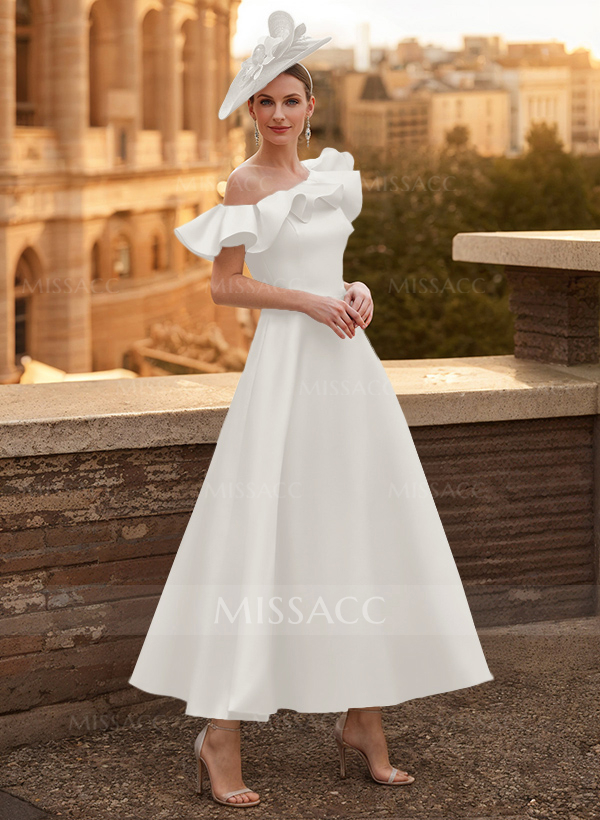 A-Line Asymmetrical Sleeveless Ankle-Length Satin Mother Of The Bride Dresses With Ruffle