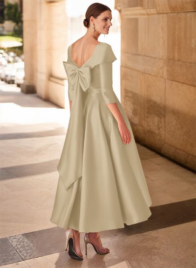 A-Line V-Neck 3/4 Sleeves Satin Mother Of The Bride Dresses With Bow(s)