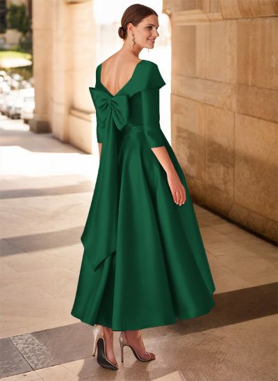 A-Line V-Neck 3/4 Sleeves Satin Mother Of The Bride Dresses With Bow(s)