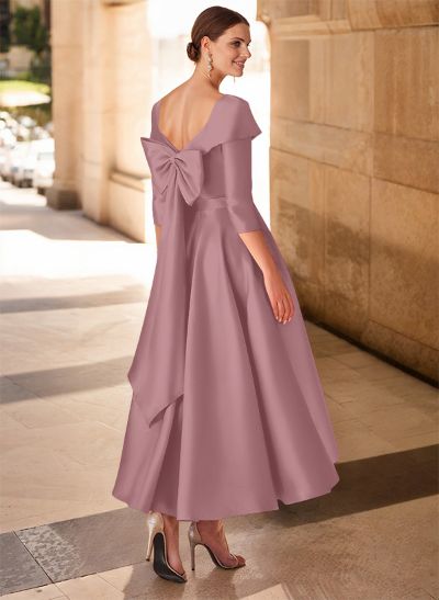 A-Line V-Neck 3/4 Sleeves Satin Mother Of The Bride Dresses With Bow(s)