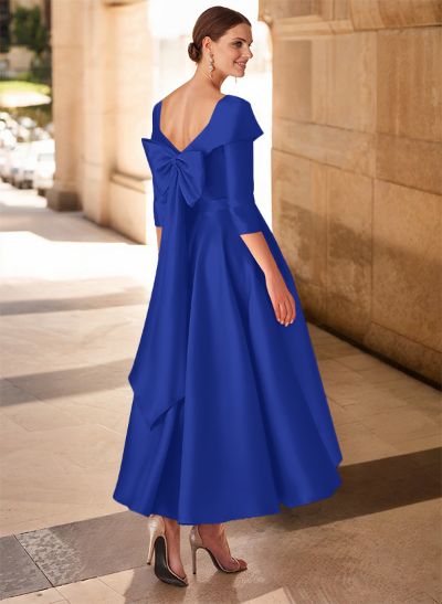 A-Line V-Neck 3/4 Sleeves Satin Mother Of The Bride Dresses With Bow(s)