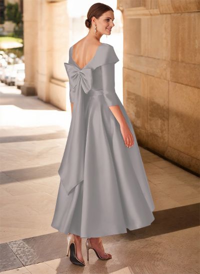 A-Line V-Neck 3/4 Sleeves Satin Mother Of The Bride Dresses With Bow(s)