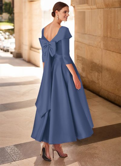 A-Line V-Neck 3/4 Sleeves Satin Mother Of The Bride Dresses With Bow(s)