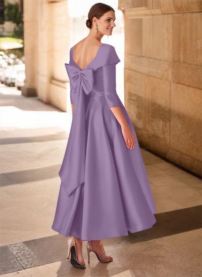 A-Line V-Neck 3/4 Sleeves Satin Mother Of The Bride Dresses With Bow(s)