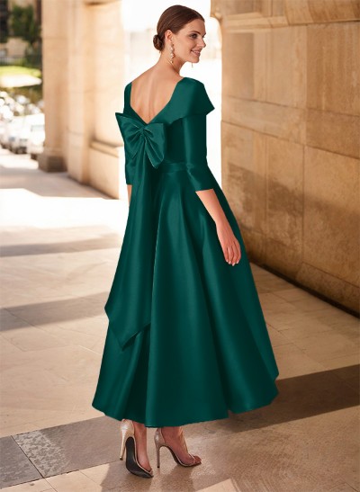 A-Line V-Neck 3/4 Sleeves Satin Mother Of The Bride Dresses With Bow(s)