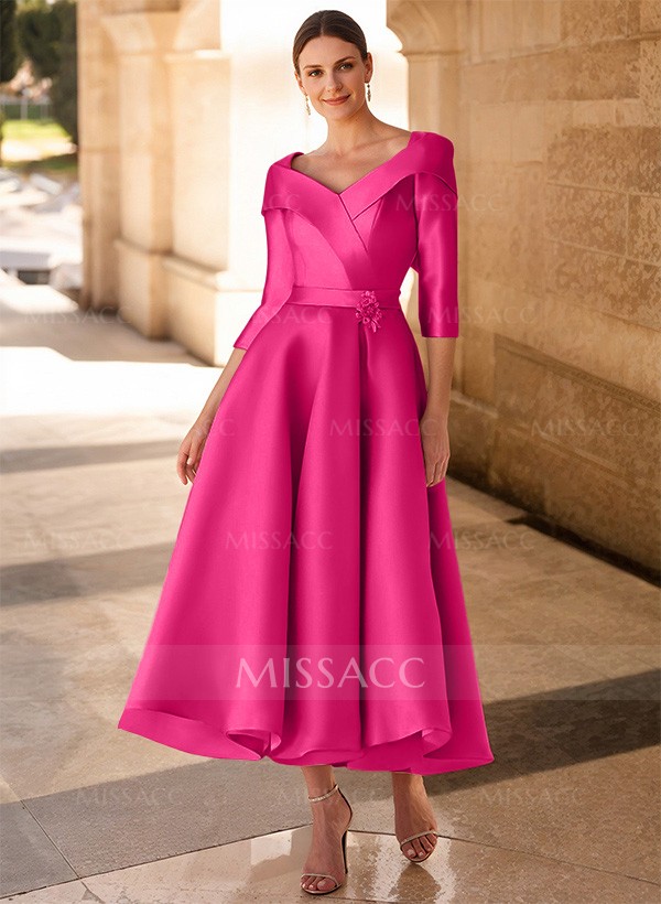 A-Line V-Neck 3/4 Sleeves Satin Mother Of The Bride Dresses With Bow(s)