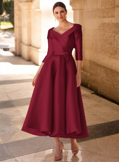 A-Line V-Neck 3/4 Sleeves Satin Mother Of The Bride Dresses With Bow(s)