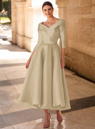 A-Line V-Neck 3/4 Sleeves Satin Mother Of The Bride Dresses With Bow(s)