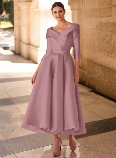 A-Line V-Neck 3/4 Sleeves Satin Mother Of The Bride Dresses With Bow(s)