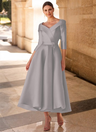 A-Line V-Neck 3/4 Sleeves Satin Mother Of The Bride Dresses With Bow(s)