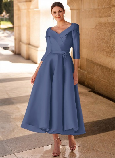 A-Line V-Neck 3/4 Sleeves Satin Mother Of The Bride Dresses With Bow(s)