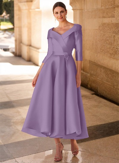 A-Line V-Neck 3/4 Sleeves Satin Mother Of The Bride Dresses With Bow(s)