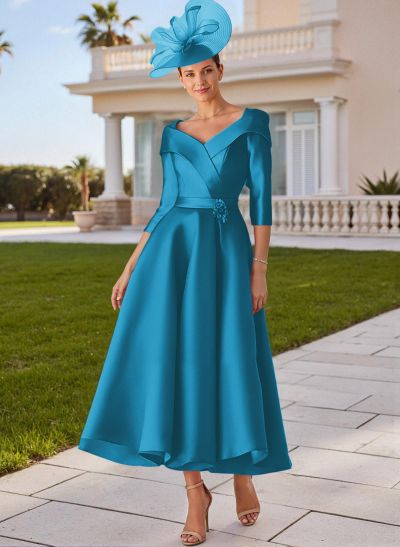 A-Line V-Neck 3/4 Sleeves Satin Mother Of The Bride Dresses With Bow(s) A-Line V-Neck 3/4 Sleeves Satin Mother Of The Bride Dresses With Bow(s)
