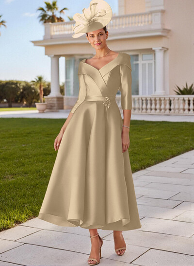 A-Line V-Neck 3/4 Sleeves Satin Mother Of The Bride Dresses With Bow(s)