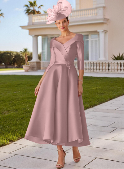 A-Line V-Neck 3/4 Sleeves Satin Mother Of The Bride Dresses With Bow(s)