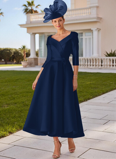 A-Line V-Neck 3/4 Sleeves Satin Mother Of The Bride Dresses With Bow(s)