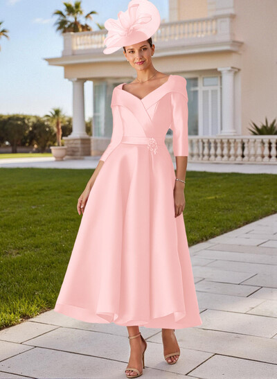 A-Line V-Neck 3/4 Sleeves Satin Mother Of The Bride Dresses With Bow(s)