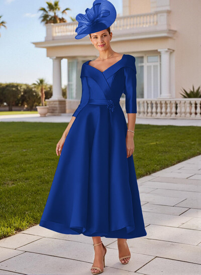 A-Line V-Neck 3/4 Sleeves Satin Mother Of The Bride Dresses With Bow(s)
