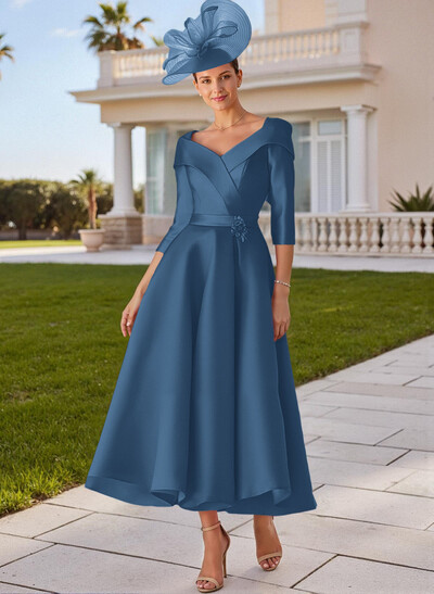 A-Line V-Neck 3/4 Sleeves Satin Mother Of The Bride Dresses With Bow(s)