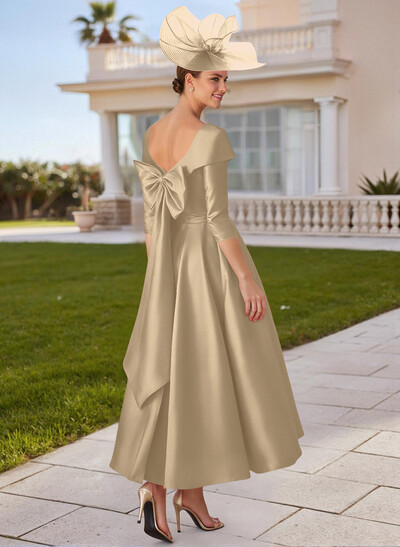 A-Line V-Neck 3/4 Sleeves Satin Mother Of The Bride Dresses With Bow(s)