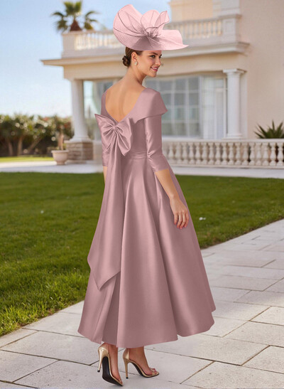 A-Line V-Neck 3/4 Sleeves Satin Mother Of The Bride Dresses With Bow(s)