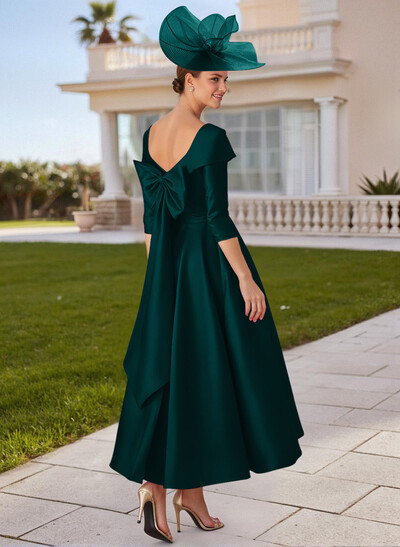 A-Line V-Neck 3/4 Sleeves Satin Mother Of The Bride Dresses With Bow(s)