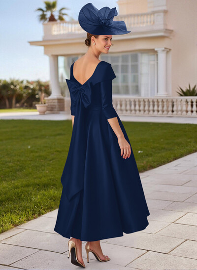 A-Line V-Neck 3/4 Sleeves Satin Mother Of The Bride Dresses With Bow(s)