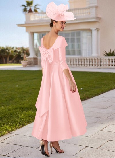 A-Line V-Neck 3/4 Sleeves Satin Mother Of The Bride Dresses With Bow(s)