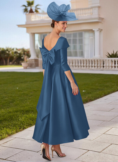 A-Line V-Neck 3/4 Sleeves Satin Mother Of The Bride Dresses With Bow(s)