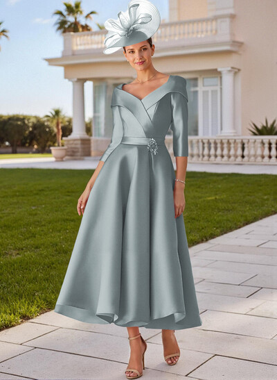 A-Line V-Neck 3/4 Sleeves Satin Mother Of The Bride Dresses With Bow(s)