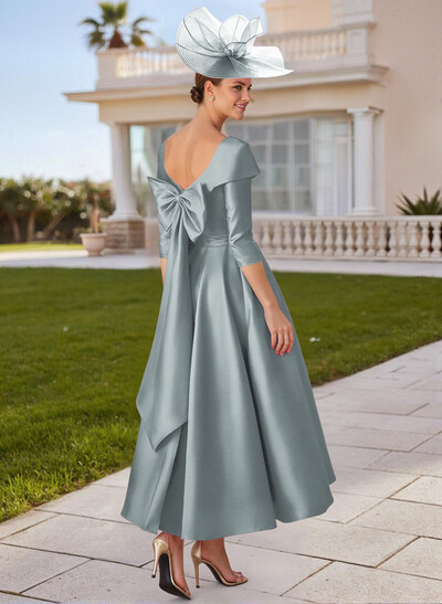 A-Line V-Neck 3/4 Sleeves Satin Mother Of The Bride Dresses With Bow(s)