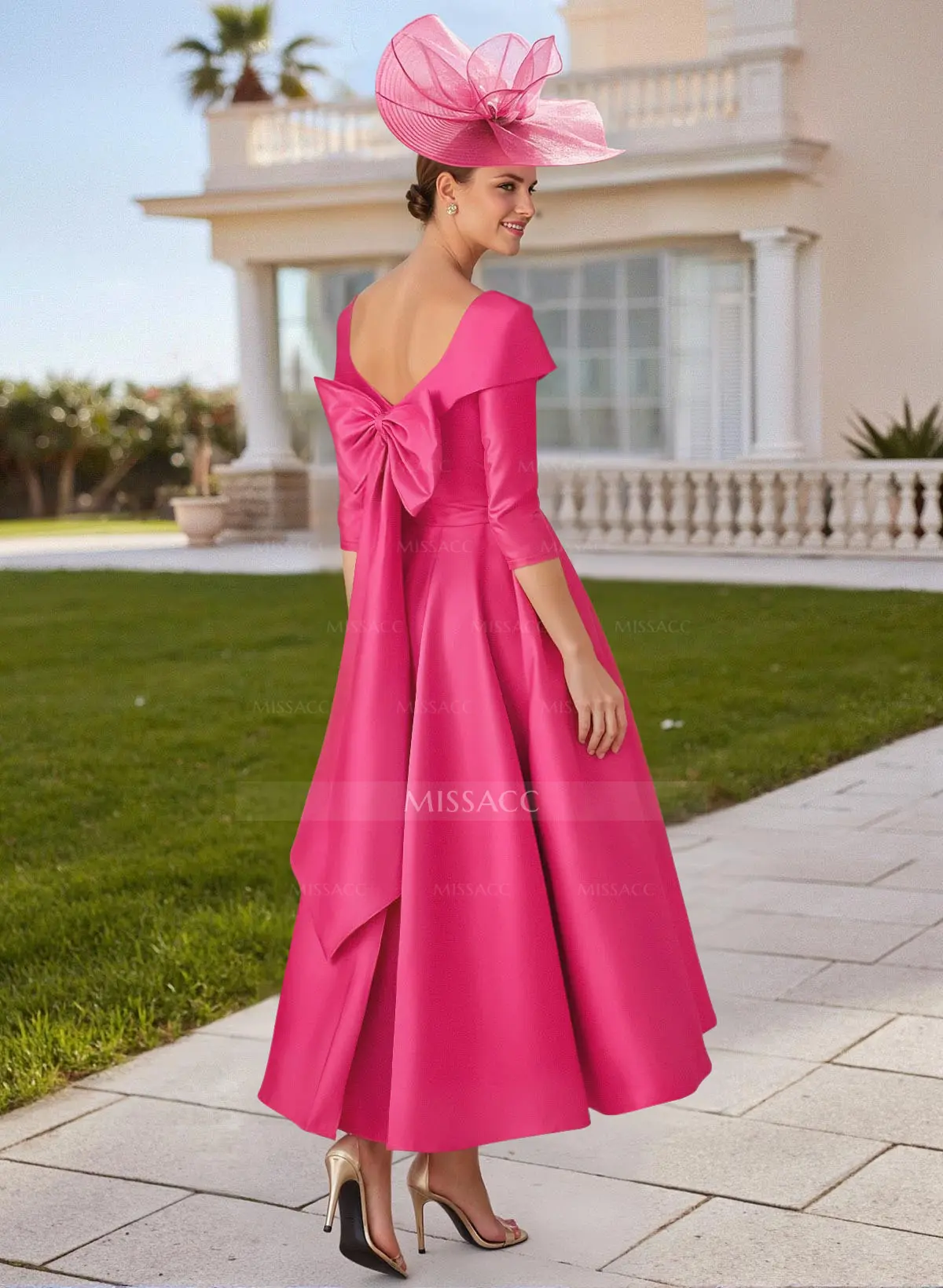 Missacc Blushing Pink Mother of The Bride Dresses A-Line V-Neck 3/4 Sleeves Satin Mother of The Bride Dresses with Bow(s)