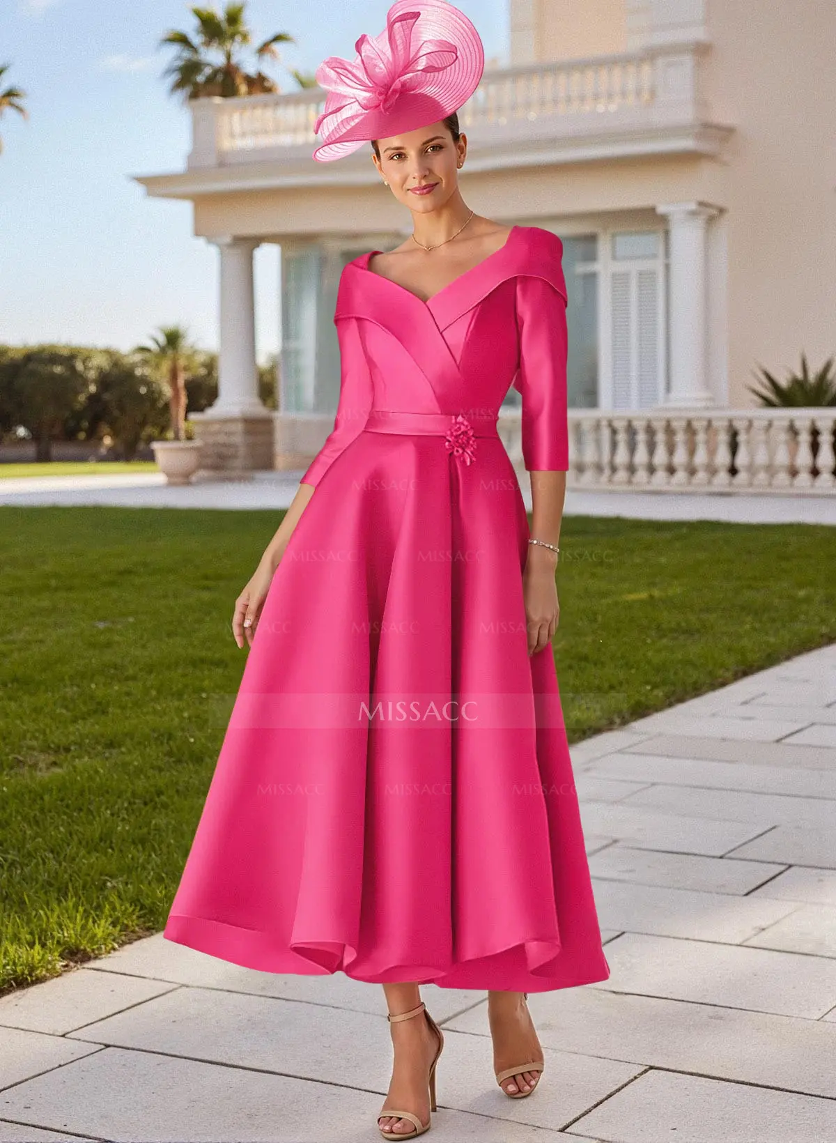 A-Line V-Neck 3/4 Sleeves Satin Mother Of The Bride Dresses With Bow(s) -  Missacc UK