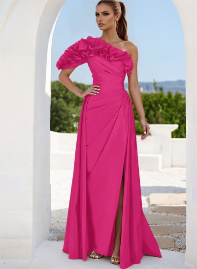 One-Shoulder Cascading Ruffles Mother Of The Bride Dresses With Split Front