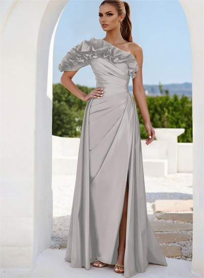 One-Shoulder Cascading Ruffles Mother Of The Bride Dresses With Split Front