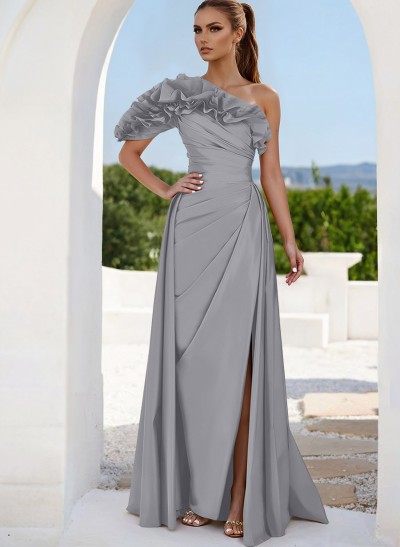 One-Shoulder Cascading Ruffles Mother Of The Bride Dresses With Split Front