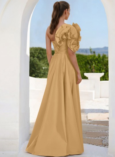 One-Shoulder Cascading Ruffles Mother Of The Bride Dresses With Split Front