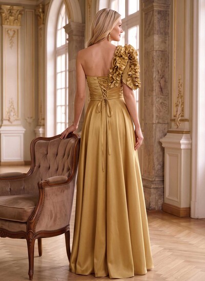 One-Shoulder Cascading Ruffles Mother Of The Bride Dresses With Split Front