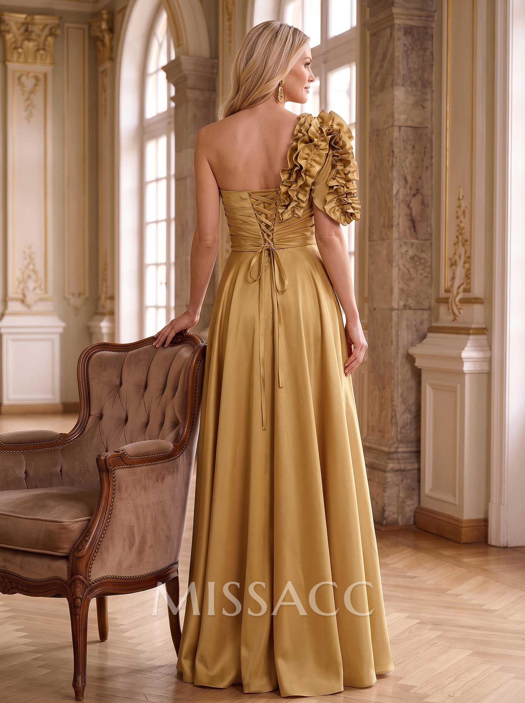 One-Shoulder Cascading Ruffles Mother Of The Bride Dresses With Split Front One-Shoulder Cascading Ruffles Mother Of The Bride Dresses With Split Front