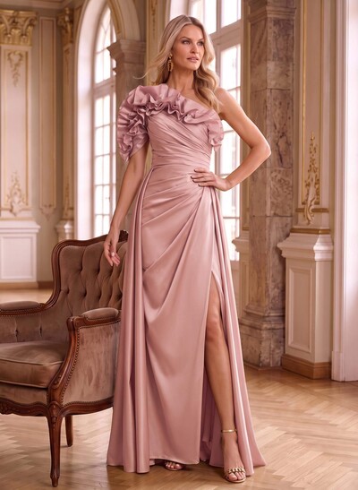 One-Shoulder Cascading Ruffles Mother Of The Bride Dresses With Split Front