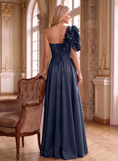 One-Shoulder Cascading Ruffles Mother Of The Bride Dresses With Split Front