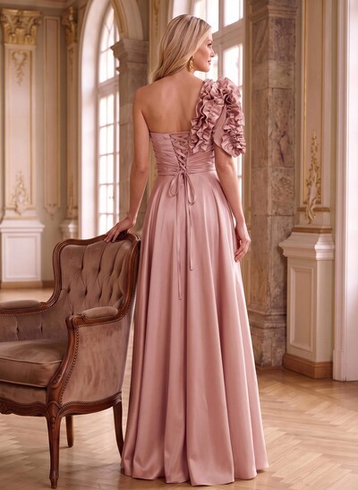 One-Shoulder Cascading Ruffles Mother Of The Bride Dresses With Split Front