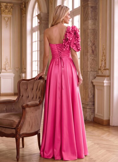 One-Shoulder Cascading Ruffles Mother Of The Bride Dresses With Split Front