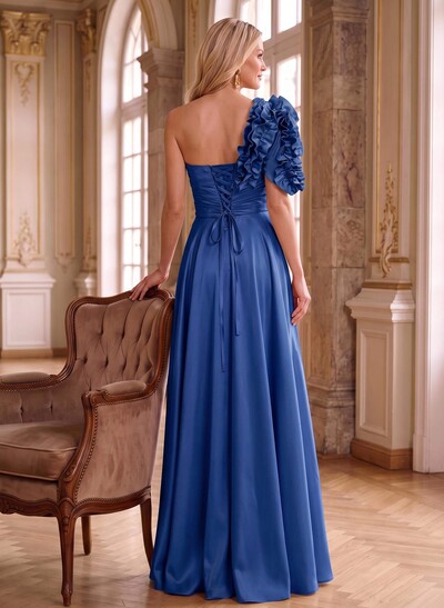One-Shoulder Cascading Ruffles Mother Of The Bride Dresses With Split Front