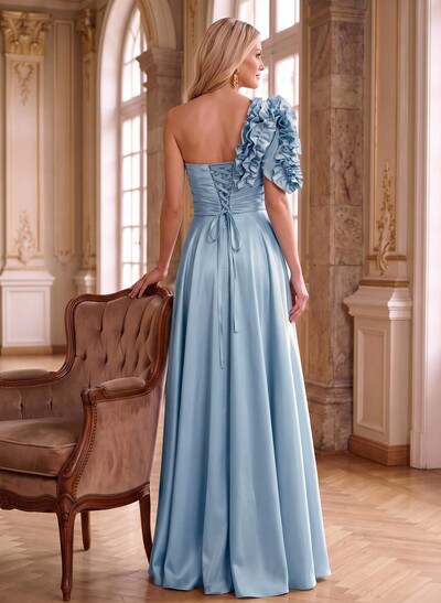 One-Shoulder Cascading Ruffles Mother Of The Bride Dresses With Split Front