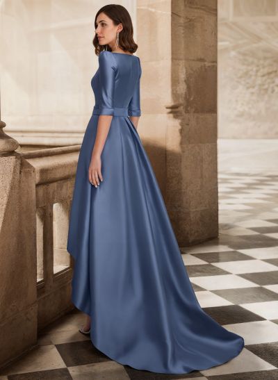 A-Line V-Neck 1/2 Sleeves Sweep Train Satin Mother Of The Bride Dresses With Pockets