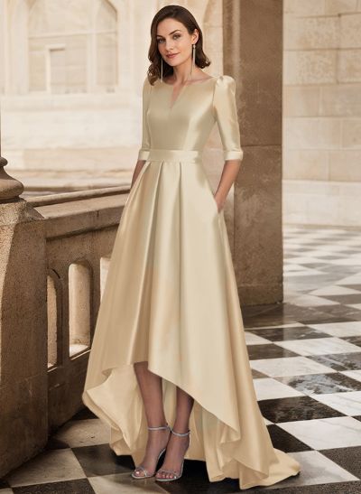 A-Line V-Neck 1/2 Sleeves Sweep Train Satin Mother Of The Bride Dresses With Pockets