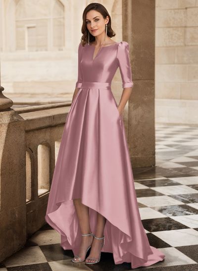 A-Line V-Neck 1/2 Sleeves Sweep Train Satin Mother Of The Bride Dresses With Pockets